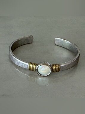 Boho Silver/Goldtone Open Cuff w/ Goldtone Wrap Accent and Pearl Center